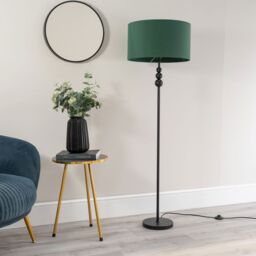 ValueLights Marissa Fabric Drum Shade with Black Stacked Ball Floor Lamp & LED Bulb in Bottle Green - thumbnail 4