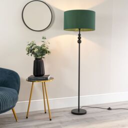 ValueLights Marissa Fabric Drum Shade with Black Stacked Ball Floor Lamp & LED Bulb in Bottle Green - thumbnail 1