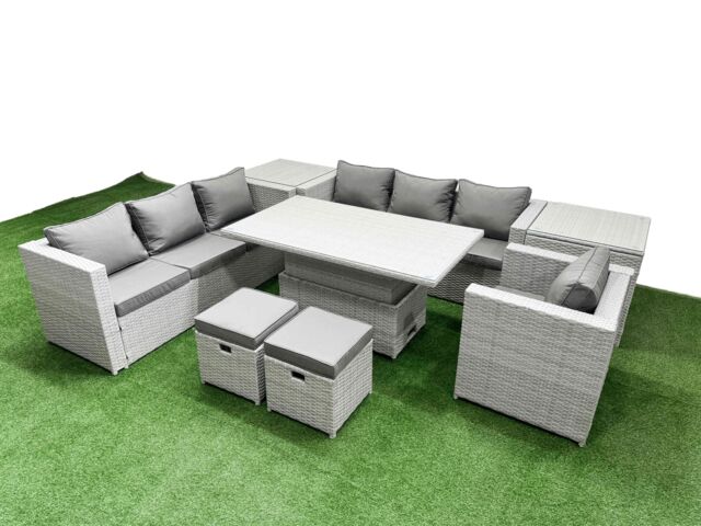 Fimous 8 PCs Rising Dining Table Set Rattan Furniture Set with 3 Seater Sofa in Light Grey - image 1