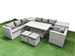 Fimous 8 PCs Rising Dining Table Set Rattan Furniture Set with 3 Seater Sofa in Light Grey - thumbnail 1