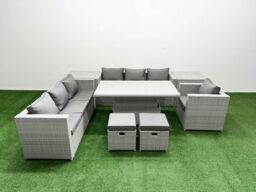 Fimous 8 PCs Rising Dining Table Set Rattan Furniture Set with 3 Seater Sofa in Light Grey - thumbnail 2