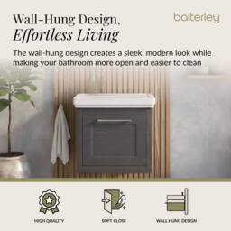 Balterley Wall Hung 1 Drawer Vanity Unit & 0TH Fireclay Basin, 500mm, Dark Grey - thumbnail 3