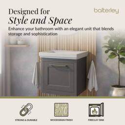 Balterley Wall Hung 1 Drawer Vanity Unit & 0TH Fireclay Basin, 500mm, Dark Grey - thumbnail 2