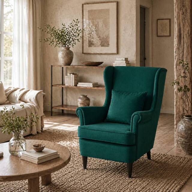 Wyld Haus Dark Green Velvet Feel Wingback Accent Chair High Back Pillow - image 1