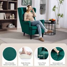Wyld Haus Dark Green Velvet Feel Wingback Accent Chair High Back Pillow - thumbnail 4