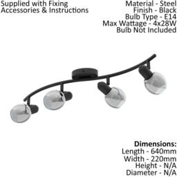 Loops Flush Ceiling Light Black Shade Black Transparent Glass Vaporized Bulb E14 4x28W - thumbnail 2