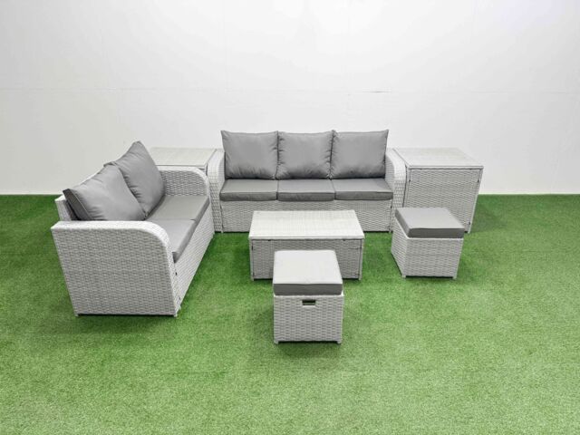 Fimous 7 Seater PE Rattan Wicker Garden Furniture Patio Conservatory Sofa Set w/ Rectangular Coffee Table 3 Seater Sofa Love Sofa 2 Stools 2 Side - image 1