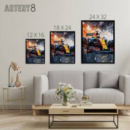 "Artery8 Grand Prix Race Car Track Action Shot Framed Canvas Wall Art Print in Orange - Size: W12"" x H16""" - thumbnail 4