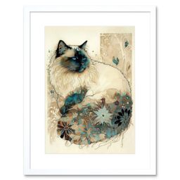 "Artery8 Wall Art Print Ragdoll Cat with Floral Pattern Tail Modern Watercolour Artwork Framed 9X7 Inch in White - Size: W7"" x H9""" - thumbnail 1