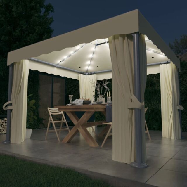 Berkfield Home Gazebo with Curtain&LED String Lights 3x3 m Cream White in Beige - image 1