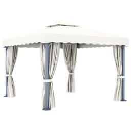 Berkfield Home Gazebo with Curtain&LED String Lights 3x3 m Cream White in Beige - thumbnail 4