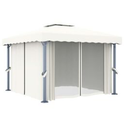 Berkfield Home Gazebo with Curtain&LED String Lights 3x3 m Cream White in Beige - thumbnail 5