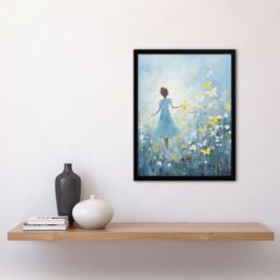 "Artery8 Wall Art Print In Wildflower Meadow Oil Painting Soft Blue Yellow Butterflies Spring Landscape Art Framed in Black - Size: W12"" x H16""" - thumbnail 4