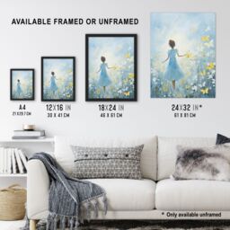 "Artery8 Wall Art Print In Wildflower Meadow Oil Painting Soft Blue Yellow Butterflies Spring Landscape Art Framed in Black - Size: W12"" x H16""" - thumbnail 3