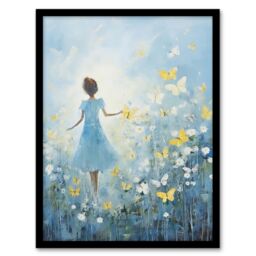 "Artery8 Wall Art Print In Wildflower Meadow Oil Painting Soft Blue Yellow Butterflies Spring Landscape Art Framed in Black - Size: W12"" x H16""" - thumbnail 1