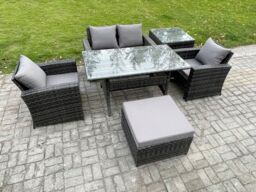 Fimous PE Wicker Outdoor Garden Furniture Set Patio Furniture Rattan Rectangular Dining Table Lounge Sofa in Dark Grey - thumbnail 1