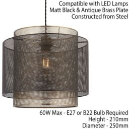 Loops Hanging Ceiling Pendant Light 250mm Matt Black & Antique Brass Metal Mesh Shade - thumbnail 2