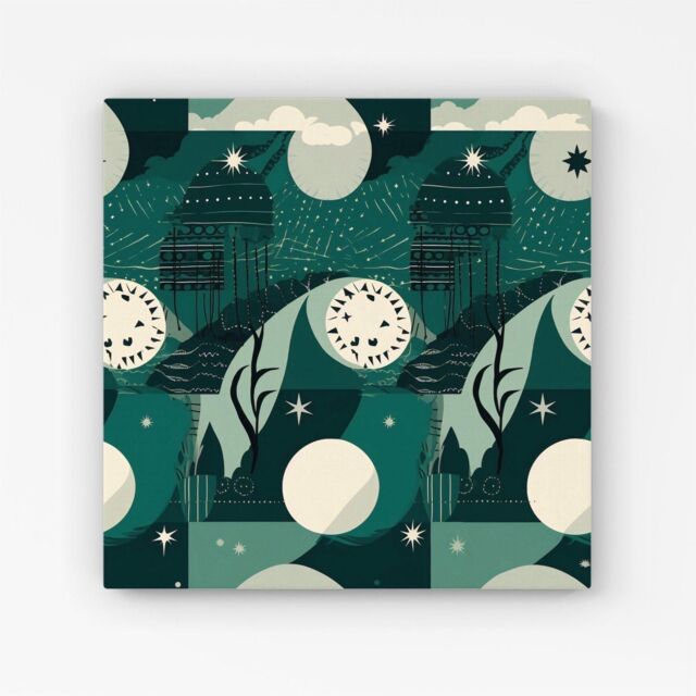 "Warren Reed - Designer Abstact Green Cream Moon & Stars Canvas - Size: W16"" x H16""" - image 1