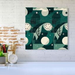 "Warren Reed - Designer Abstact Green Cream Moon & Stars Canvas - Size: W16"" x H16""" - thumbnail 2