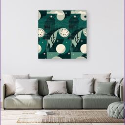 "Warren Reed - Designer Abstact Green Cream Moon & Stars Canvas - Size: W16"" x H16""" - thumbnail 4
