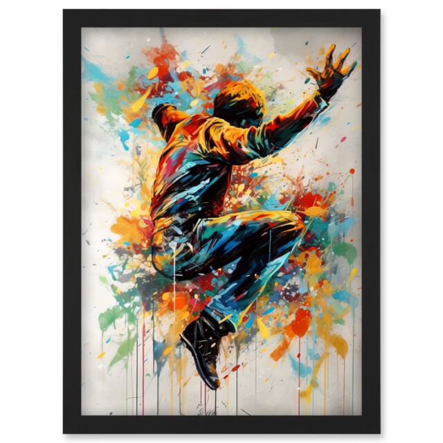 Artery8 Freestyle Dancing Street Dance Vibrant Paint Splat Artwork Framed Wall Art Print A4 in Black - image 1