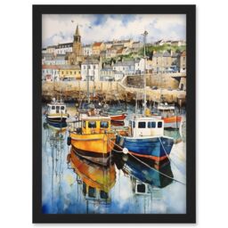 Artery8 Wall Art Print Penzance Harbour Trawler Boats Promenade Watercolour Painting Cornwall Coastal Townscape Artwork Framed A4 in Black - thumbnail 1