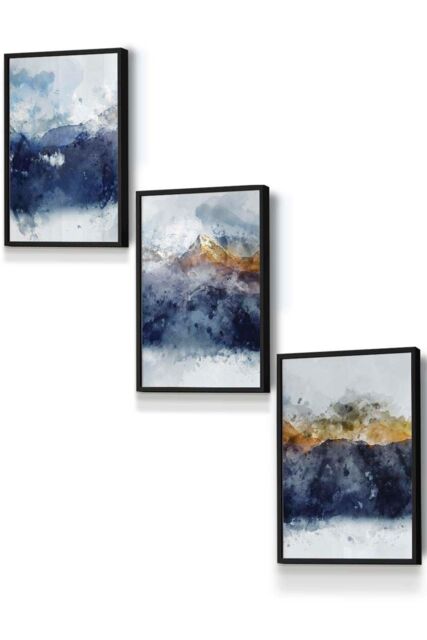 ARTZE Abstract Navy Blue & Yellow Mountains Framed Wall Art - Small in Black - Size: W33 cm x H45 cm x D20mm - image 1