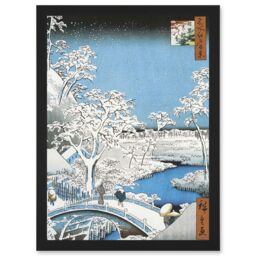 Artery8 Japan Woodblock Winter Snow Scene Bridge Over River A4 Artwork Framed Wall Art Print in Black - thumbnail 1