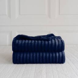 Homes-Linen Chunky Ribbed Cord Faux Fur Velvet Touch Throw Blanket 200x240cm in Navy - Size: 200 cm x 240 cm - thumbnail 2
