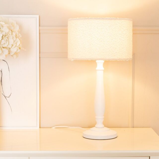 ValueLights Victoria Candlestick White Wood Table Lamp with Cream Boucle Drum Lamp Shade - image 1