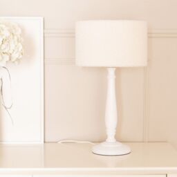 ValueLights Victoria Candlestick White Wood Table Lamp with Cream Boucle Drum Lamp Shade - thumbnail 3