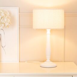 ValueLights Victoria Candlestick White Wood Table Lamp with Cream Boucle Drum Lamp Shade