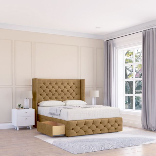 "Sloomy Luthor Plush Wingback Bed Set, 2 Drawers & 54"" Floor Standing Headboard in Light Brown - Size: King" - image 1