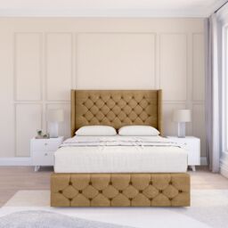 "Sloomy Luthor Plush Wingback Bed Set, 2 Drawers & 54"" Floor Standing Headboard in Light Brown - Size: King" - thumbnail 2