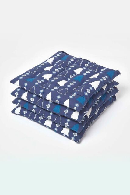 Homescapes 4 Pack Seat Pads Luxury Cotton Christmas Blue Winterland Indoor Outdoor Cushion - image 1