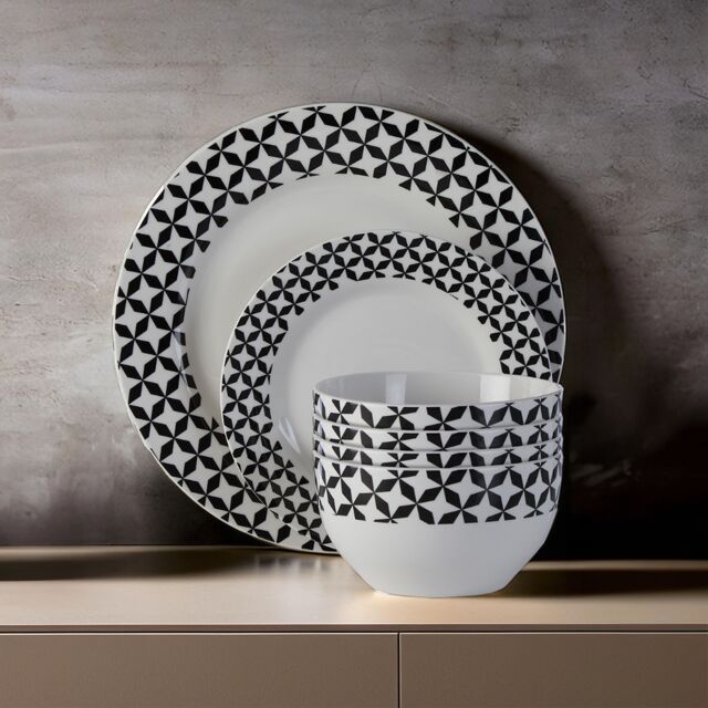 Orsina Geometric 12 Piece Windmill Dinner Set, Porcelain Build Dinnerware Set, Glazed Finish Dishes Set For Daily Use in Black - image 1