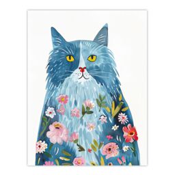 "Artery8 Smiling Blue Cat with Flowers in Fur Watercolour Wall Art Print - Size: W12"" x H16""" - thumbnail 1