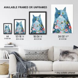 "Artery8 Smiling Blue Cat with Flowers in Fur Watercolour Wall Art Print - Size: W12"" x H16""" - thumbnail 3