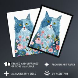 "Artery8 Smiling Blue Cat with Flowers in Fur Watercolour Wall Art Print - Size: W12"" x H16""" - thumbnail 2