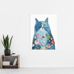 "Artery8 Smiling Blue Cat with Flowers in Fur Watercolour Wall Art Print - Size: W12"" x H16""" - thumbnail 4