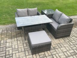 Fimous Garden Patio Furniture Wicker Rattan Oblong Rectangular Dining Table & Loveseat Sofa set with Side Table Footstool in Dark Grey - thumbnail 2