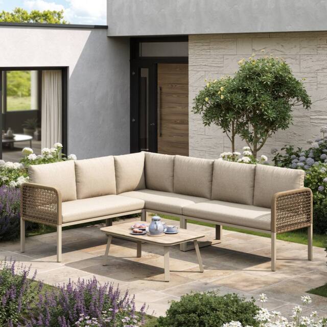Direct Wicker 5-6 Seater Garden Furniture Set with Wood-look Glass Table in Beige - Size: 6 Person