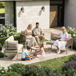 Direct Wicker 5-6 Seater Garden Furniture Set with Wood-look Glass Table in Beige - Size: 6 Person - thumbnail 7