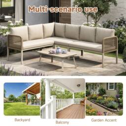 Direct Wicker 5-6 Seater Garden Furniture Set with Wood-look Glass Table in Beige - Size: 6 Person - thumbnail 5