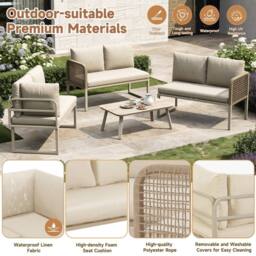 Direct Wicker 5-6 Seater Garden Furniture Set with Wood-look Glass Table in Beige - Size: 6 Person - thumbnail 3