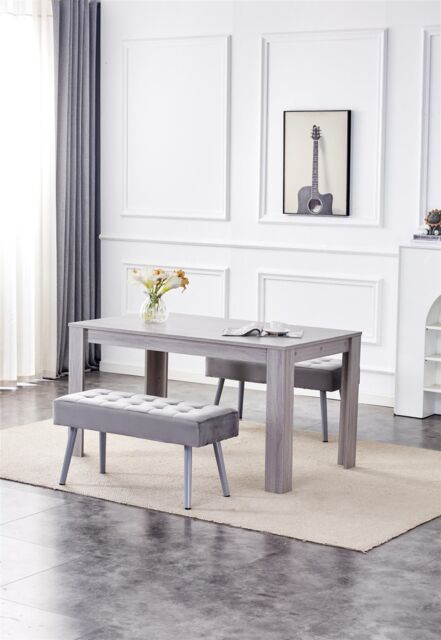 KOSY KOALA Dining Table & 2 Benches 2 Grey Velvet Benches Wood Table Dining Set Furniture