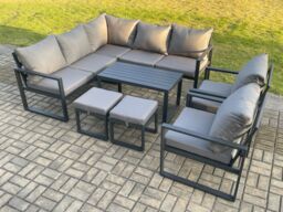 Fimous 9 Seater Aluminium Outdoor Garden Furniture Set Patio Lounge Sofa with Oblong Coffee Table 2 Small Footstools Dark Grey - thumbnail 1