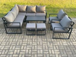 Fimous 9 Seater Aluminium Outdoor Garden Furniture Set Patio Lounge Sofa with Oblong Coffee Table 2 Small Footstools Dark Grey - thumbnail 2