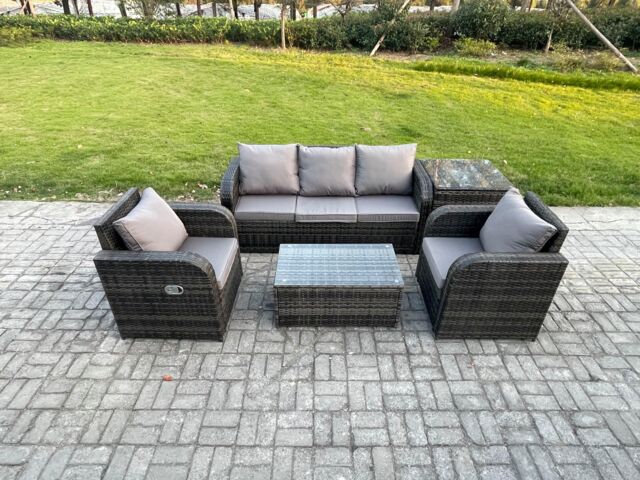 Fimous Outdoor Rattan Garden Furniture Set Patio Lounge Sofa Set with Reclining Chair Rectangular Coffee Table Side Table in Dark Grey - image 1
