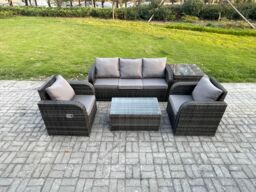Fimous Outdoor Rattan Garden Furniture Set Patio Lounge Sofa Set with Reclining Chair Rectangular Coffee Table Side Table in Dark Grey - thumbnail 1